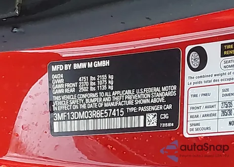 2024 BMW M2 from USA, damaged, VIN 3MF13DM03R8E57415